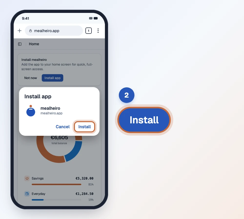 Step 2: the "Install app" dialog showing mealheiro, with the Install button highlighted