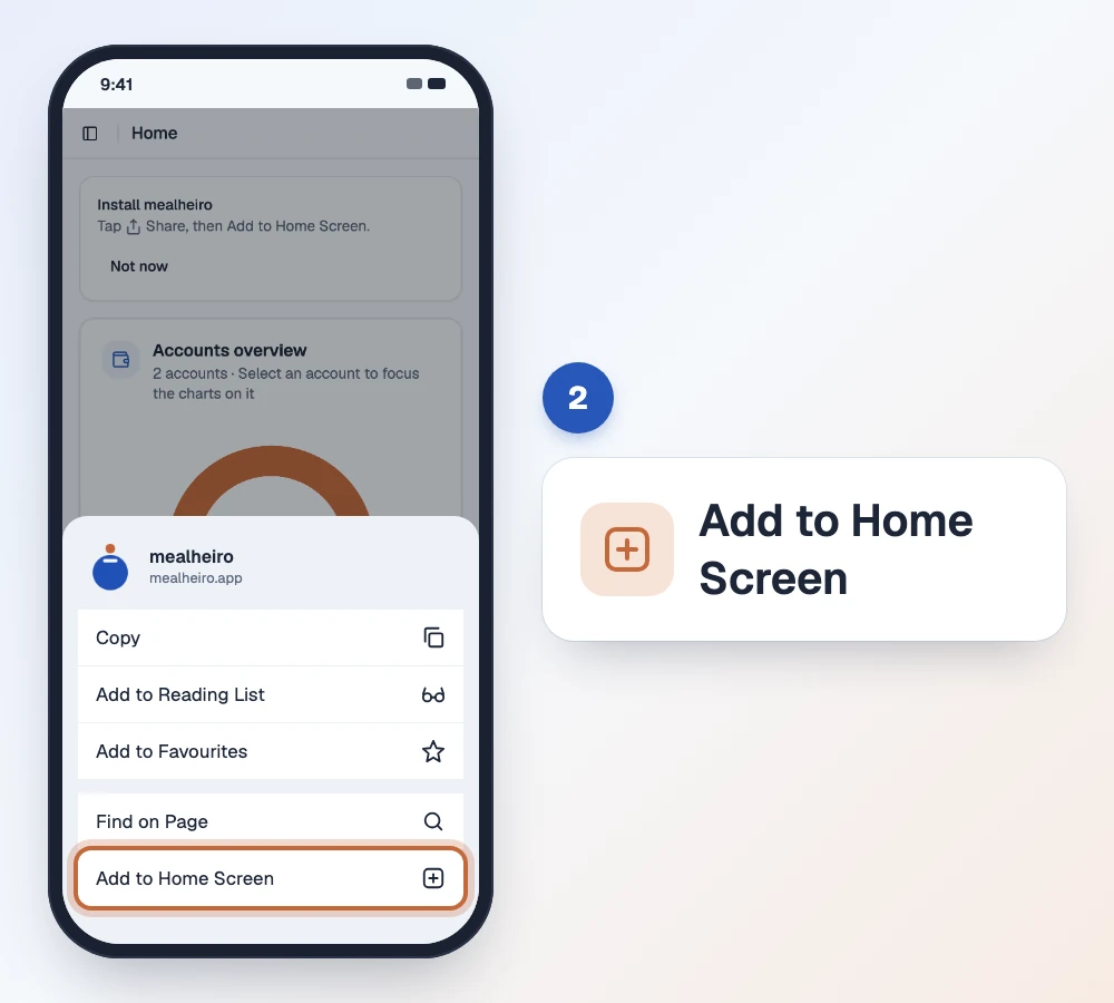 Step 2: the Share sheet open over mealheiro, with "Add to Home Screen" highlighted