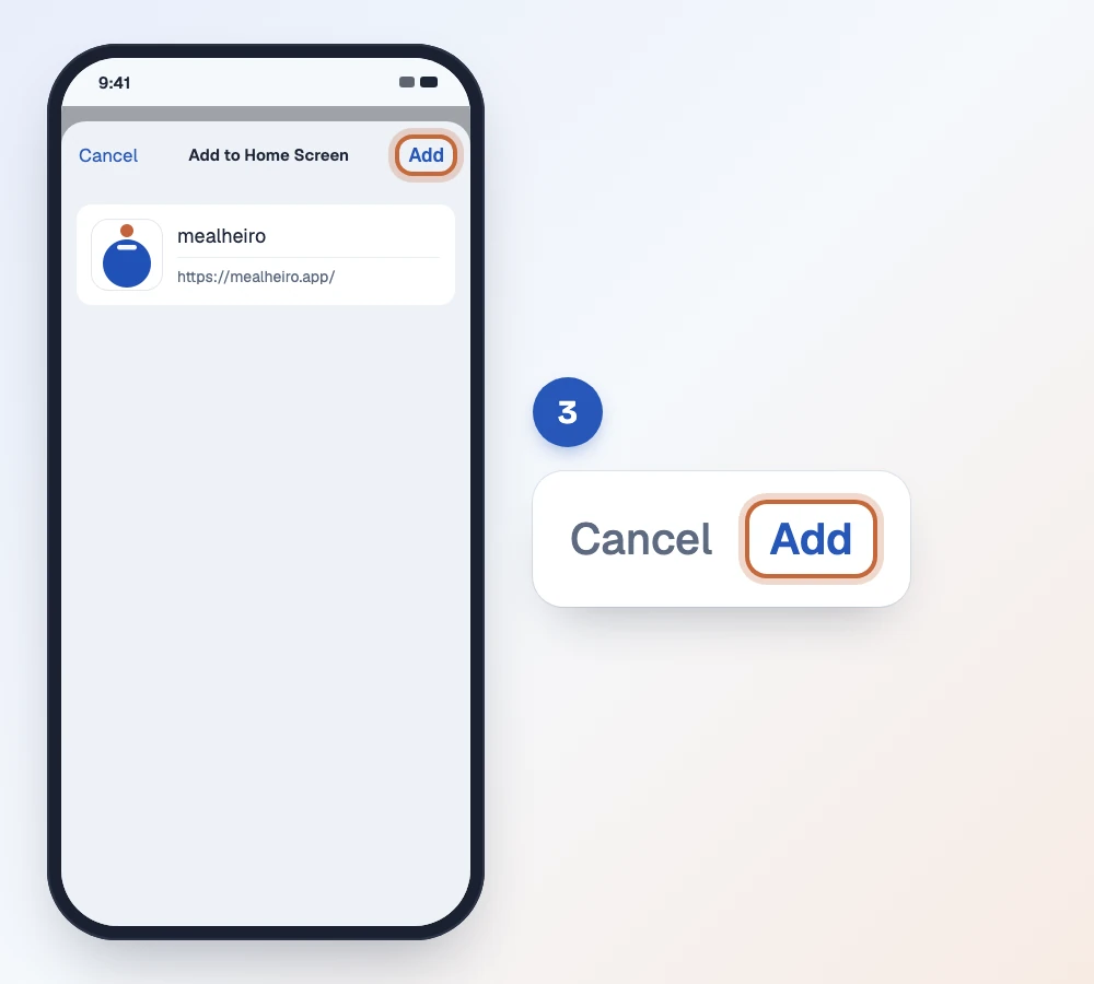 Step 3: the "Add to Home Screen" screen showing the mealheiro icon and name, with the Add button highlighted